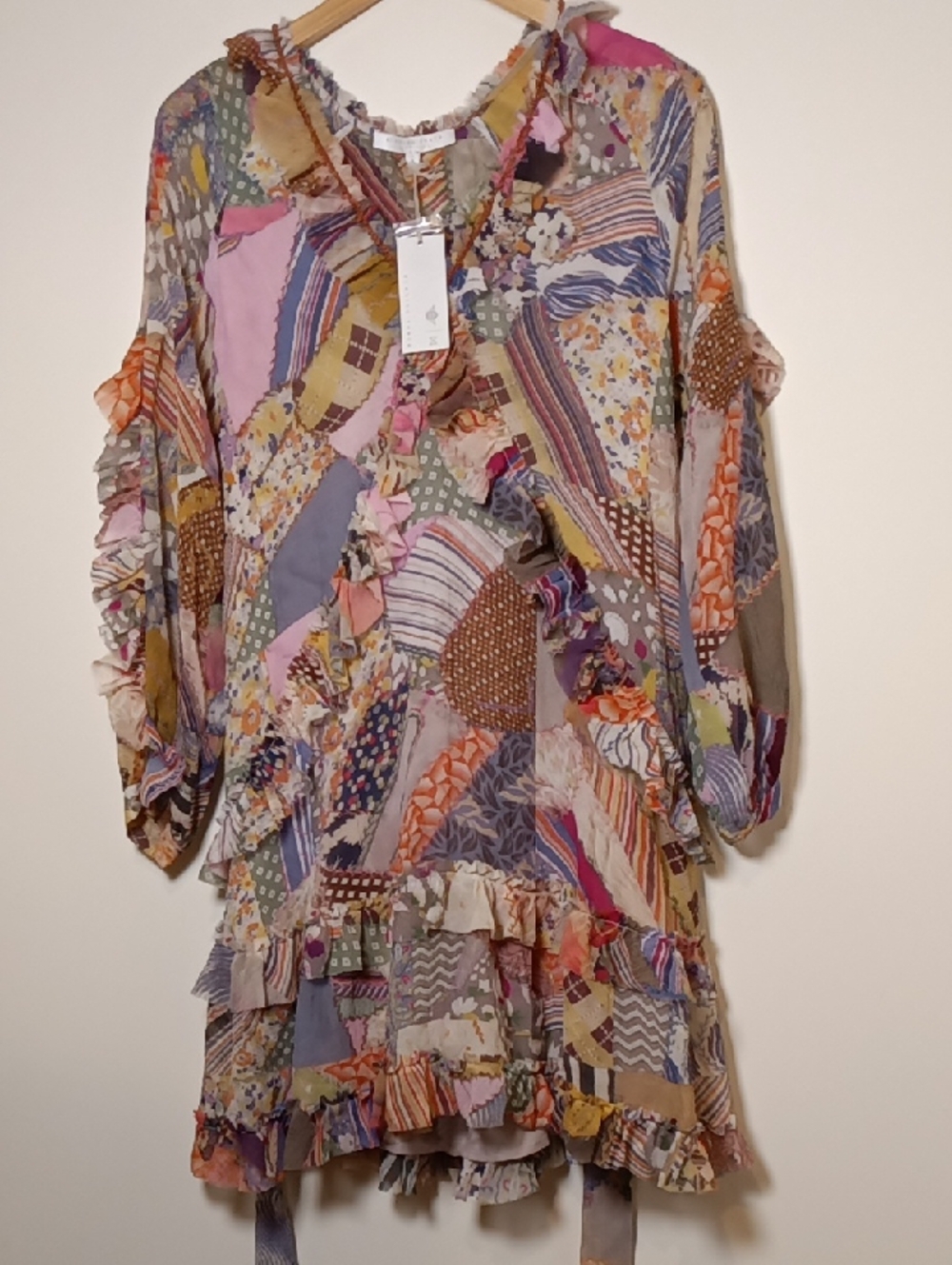 Burning Torch Pure Silk Patchwork Ruffle Hi-Low Mini Dress Size Small
